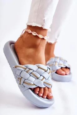 Damskie Skórzane Klapki Z Łańcuszkiem Niebieskie Soline