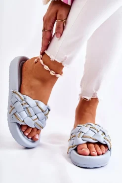 Damskie Skórzane Klapki Z Łańcuszkiem Niebieskie Soline