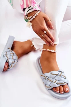 Damskie Skórzane Klapki Z Łańcuszkiem Niebieskie Soline