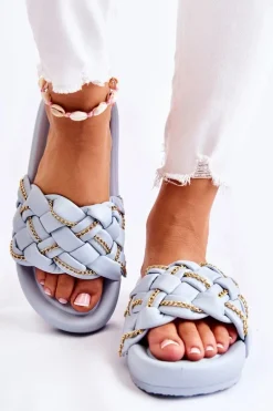 Damskie Skórzane Klapki Z Łańcuszkiem Niebieskie Soline