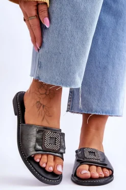 Damskie Skórzane Klapki Z Dżetami S.Barski KV-2775-33 Ciemnosrebrne