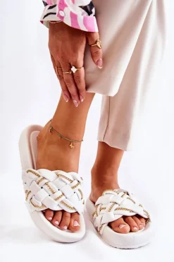 Damskie Skórzane Klapki Z Łańcuszkiem Białe Soline