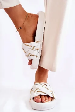 Damskie Skórzane Klapki Z Łańcuszkiem Białe Soline