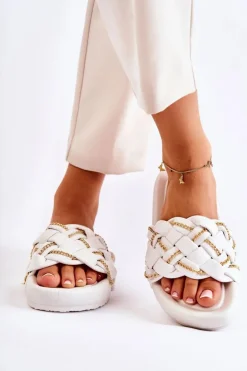 Damskie Skórzane Klapki Z Łańcuszkiem Białe Soline