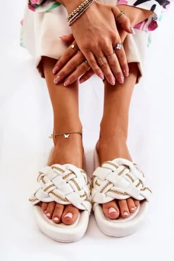 Damskie Skórzane Klapki Z Łańcuszkiem Białe Soline