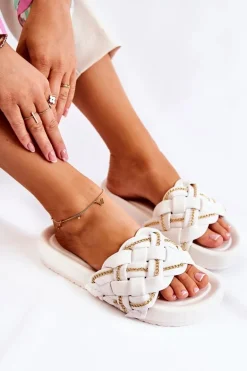 Damskie Skórzane Klapki Z Łańcuszkiem Białe Soline