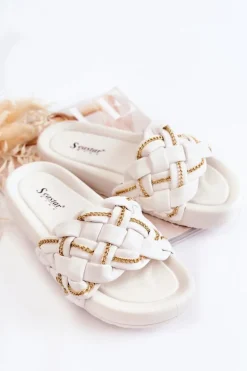 Damskie Skórzane Klapki Z Łańcuszkiem Białe Soline