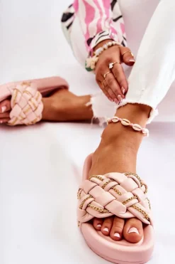 Damskie Skórzane Klapki Z Łańcuszkiem Różowe Soline