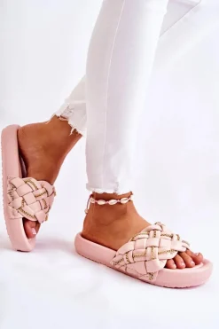 Damskie Skórzane Klapki Z Łańcuszkiem Różowe Soline