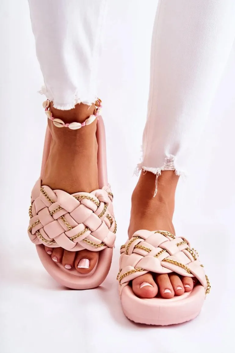 Damskie Skórzane Klapki Z Łańcuszkiem Różowe Soline