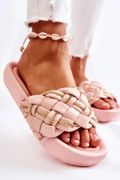 Damskie Skórzane Klapki Z Łańcuszkiem Różowe Soline