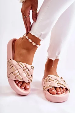 Damskie Skórzane Klapki Z Łańcuszkiem Różowe Soline