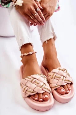 Damskie Skórzane Klapki Z Łańcuszkiem Różowe Soline