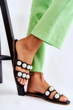 Damskie Skórzane Klapki Z Ozdobnymi Perełkami Czarne Lasello