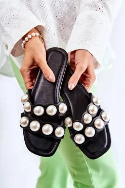 Damskie Skórzane Klapki Z Ozdobnymi Perełkami Czarne Lasello