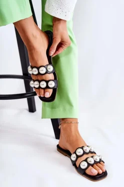 Damskie Skórzane Klapki Z Ozdobnymi Perełkami Czarne Lasello