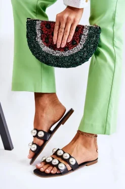 Damskie Skórzane Klapki Z Ozdobnymi Perełkami Czarne Lasello