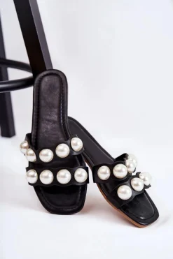 Damskie Skórzane Klapki Z Ozdobnymi Perełkami Czarne Lasello