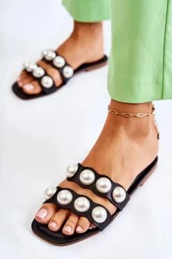 Damskie Skórzane Klapki Z Ozdobnymi Perełkami Czarne Lasello