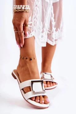 Damskie Skórzane Klapki Z Ozdobą Białe Roysa