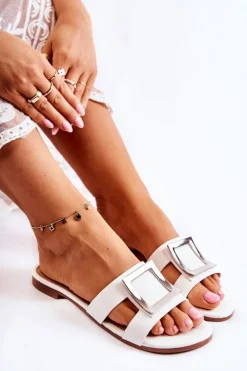 Damskie Skórzane Klapki Z Ozdobą Białe Roysa