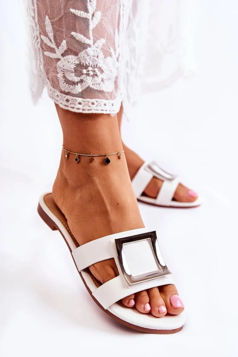 Damskie Skórzane Klapki Z Ozdobą Białe Roysa