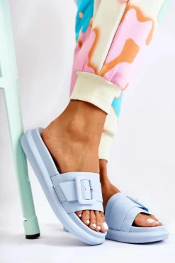 Damskie Skórzane Klapki Z Klamrą Niebieskie Devia