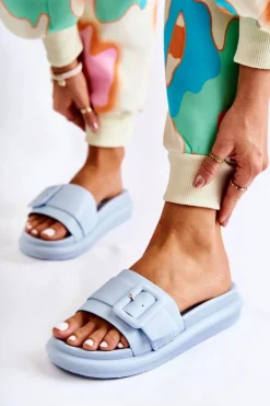 Damskie Skórzane Klapki Z Klamrą Niebieskie Devia