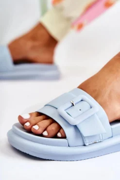 Damskie Skórzane Klapki Z Klamrą Niebieskie Devia