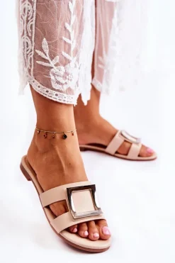 Damskie Skórzane Klapki Z Ozdobą Nude Roysa