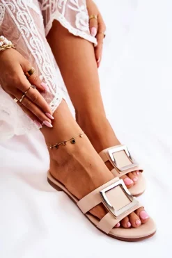 Damskie Skórzane Klapki Z Ozdobą Nude Roysa