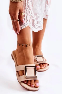 Damskie Skórzane Klapki Z Ozdobą Nude Roysa