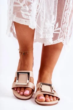 Damskie Skórzane Klapki Z Ozdobą Nude Roysa