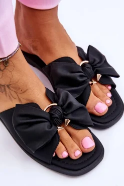 Damskie Skórzane Klapki Z Kokardą Czarne Becky