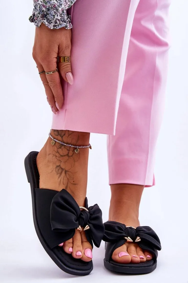 Damskie Skórzane Klapki Z Kokardą Czarne Becky