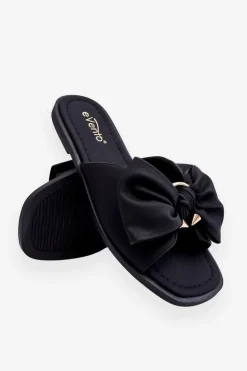 Damskie Skórzane Klapki Z Kokardą Czarne Becky