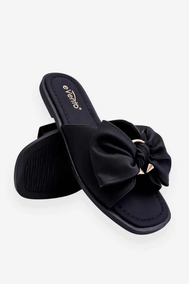 Damskie Skórzane Klapki Z Kokardą Czarne Becky