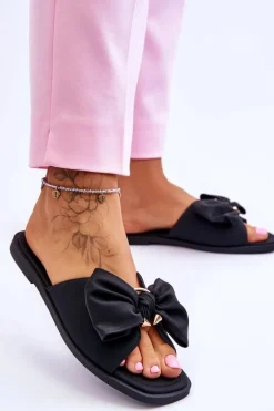 Damskie Skórzane Klapki Z Kokardą Czarne Becky