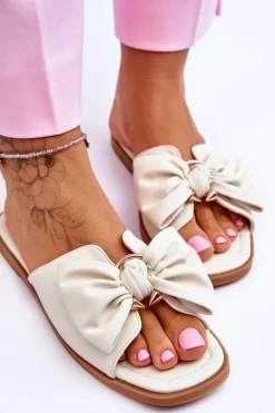 Damskie Skórzane Klapki Z Kokardą Białe Becky