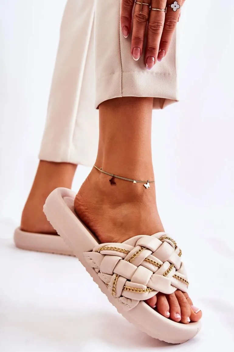 Damskie Skórzane Klapki Z Łańcuszkiem Beżowe Soline