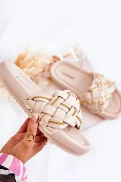 Damskie Skórzane Klapki Z Łańcuszkiem Beżowe Soline