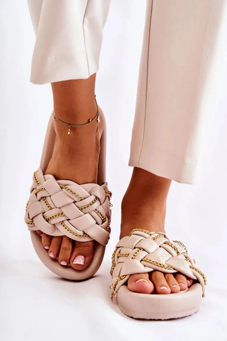 Damskie Skórzane Klapki Z Łańcuszkiem Beżowe Soline