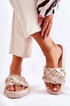 Damskie Skórzane Klapki Z Łańcuszkiem Beżowe Soline