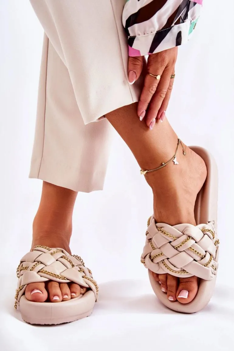 Damskie Skórzane Klapki Z Łańcuszkiem Beżowe Soline