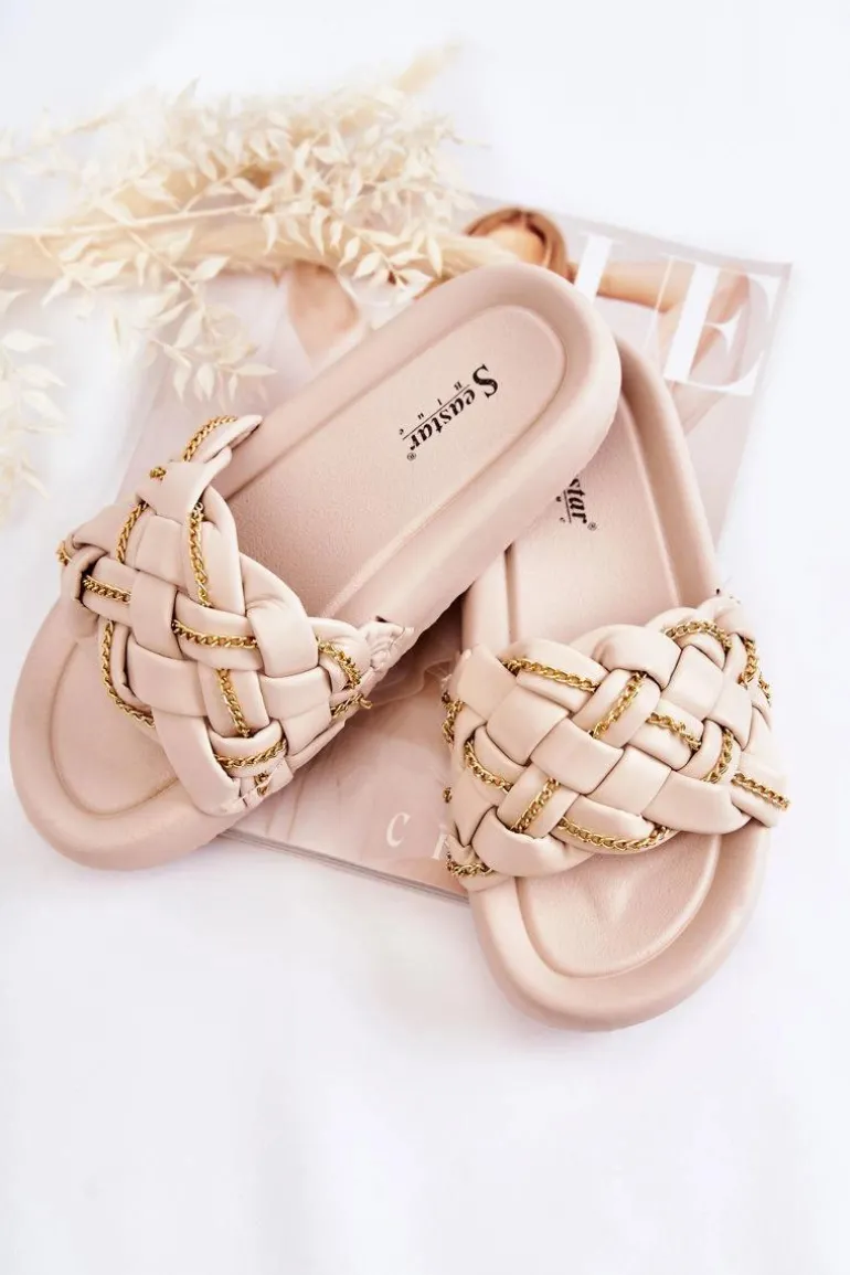 Damskie Skórzane Klapki Z Łańcuszkiem Beżowe Soline