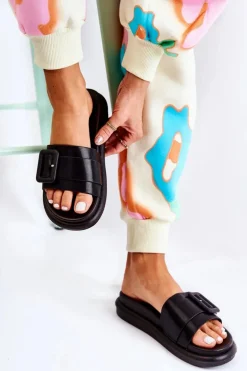 Damskie Skórzane Klapki Z Klamrą Czarne Devia