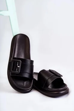 Damskie Skórzane Klapki Z Klamrą Czarne Devia