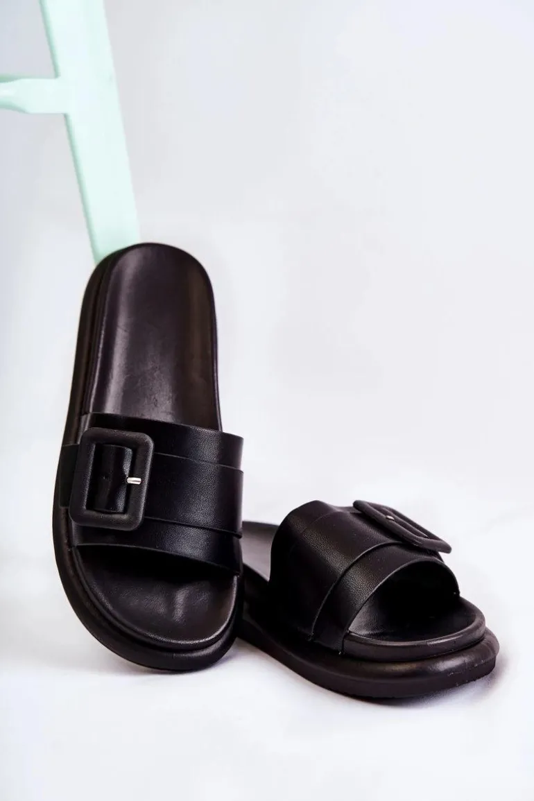 Damskie Skórzane Klapki Z Klamrą Czarne Devia