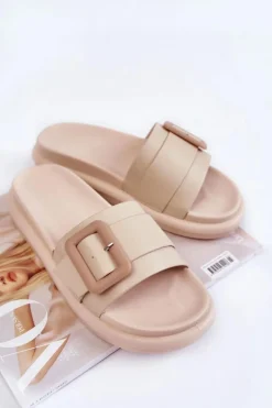 Damskie Skórzane Klapki Z Klamrą Beżowe Devia