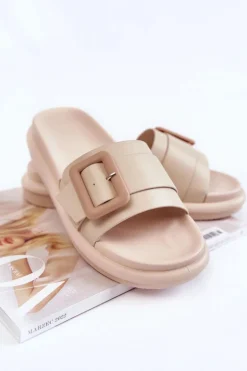 Damskie Skórzane Klapki Z Klamrą Beżowe Devia